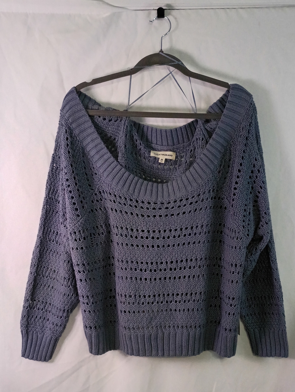 Lucky Brand Open-Weave Off-Shoulder Sweater in Dusty Blue